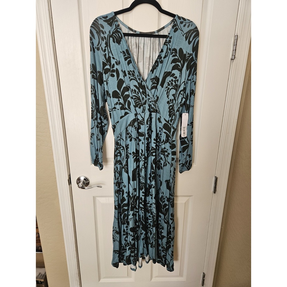 NWT Soft Surroundings Teal Black Tiered Skirt Long Sleeve Pockets Midi Dress 1XP